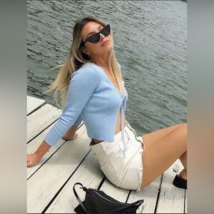 Shein Blue Ribbed Crop Cardigan NWOT